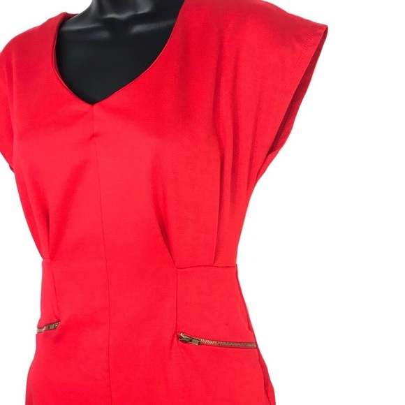 Red V Neck Cap Sleeve Dress with Gold Zipper Pockets Sheath Style - Picture 3 of 4